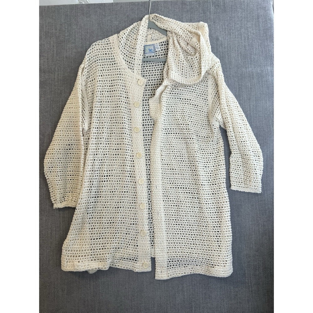 Baja Blue Crochet Knit Hooded Cardigan Women's Small Cream Boho Button Front